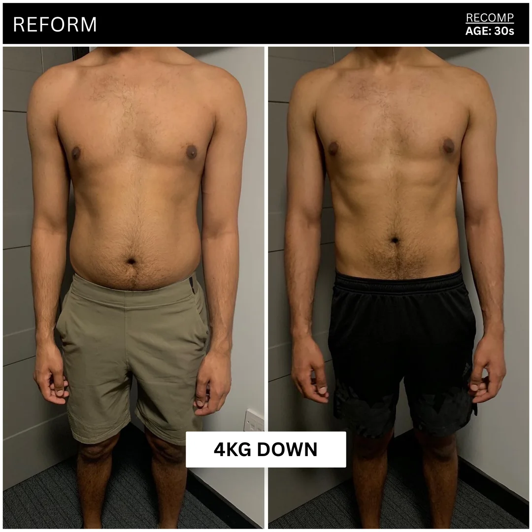 Client body transformation, front view before and after.