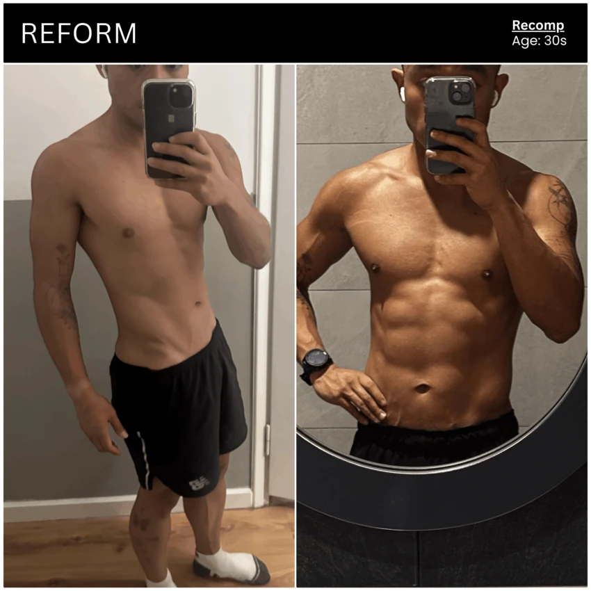 Client body transformation, front view before and after.