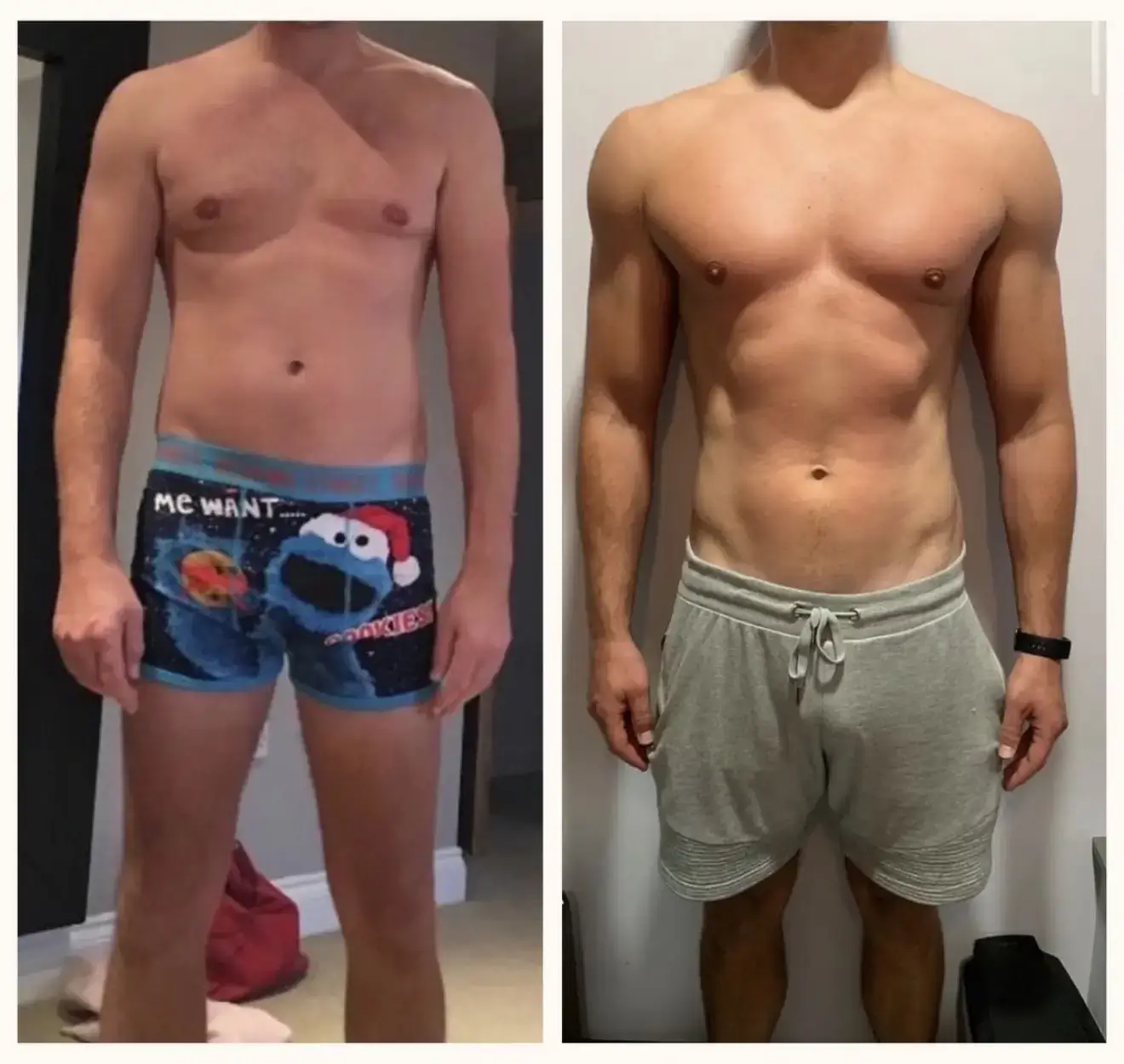 Client body transformation, front view before and after.
