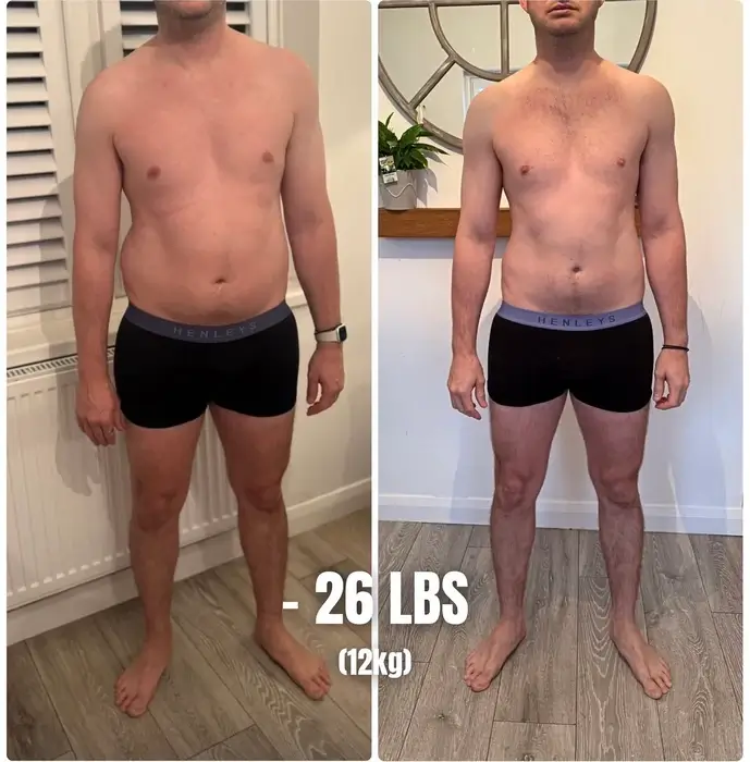Client body transformation, front view before and after.